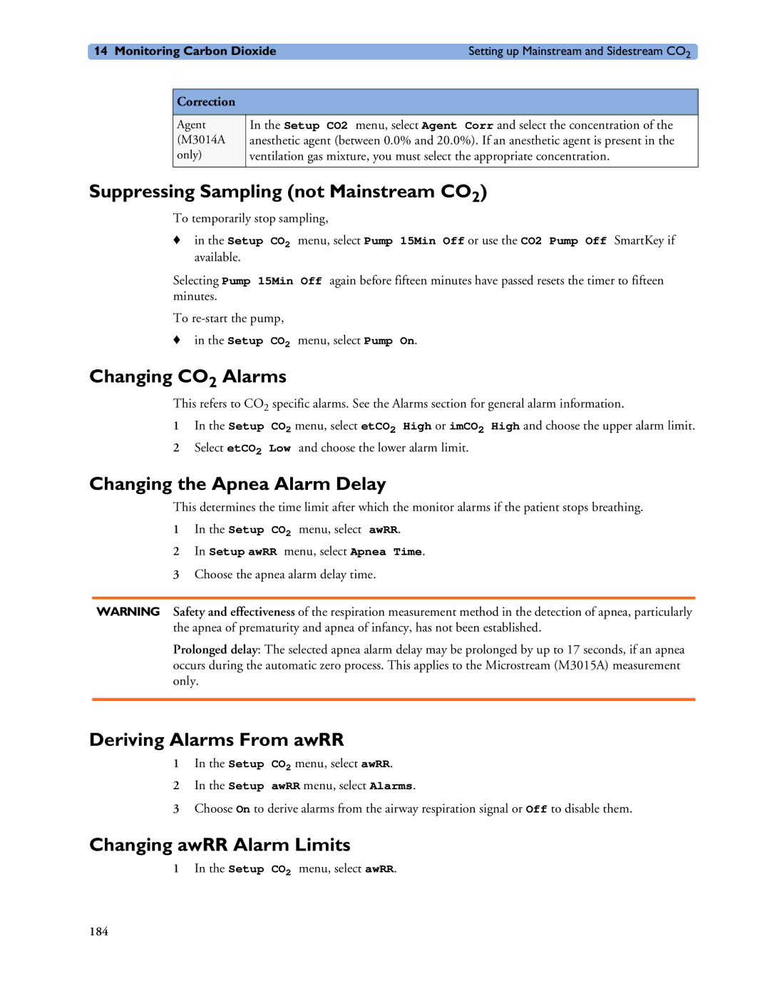 Philips MP60/70/80/90 manual Suppressing Sampling not Mainstream CO2, Changing CO2 Alarms, Changing the Apnea Alarm Delay 