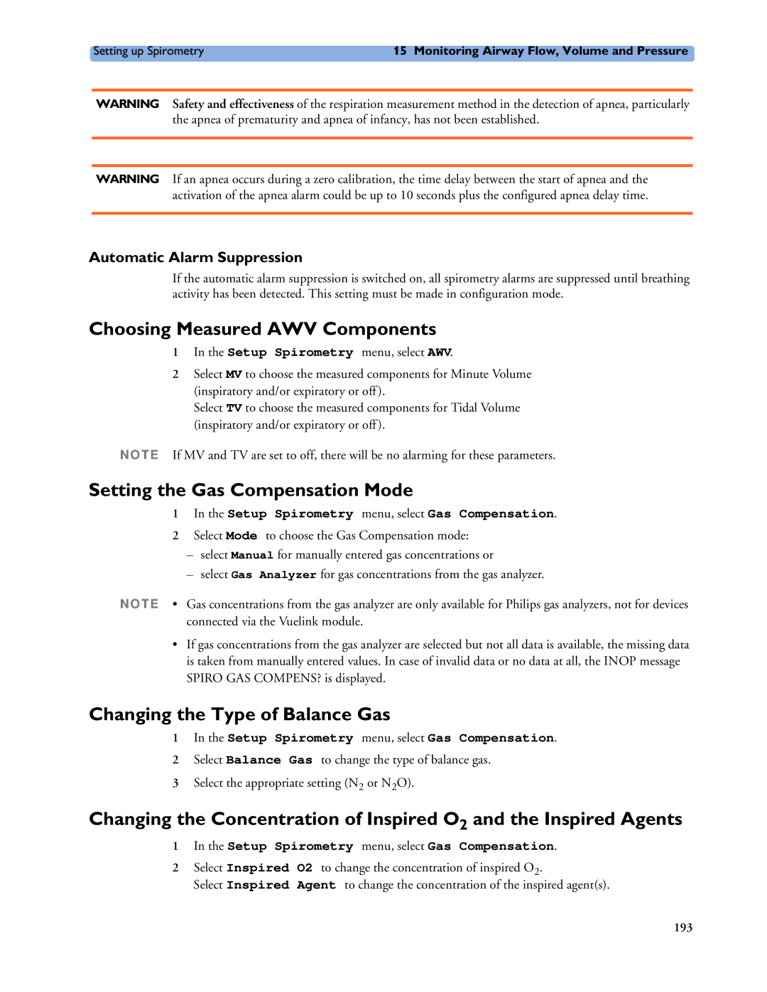 Philips MP60/70/80/90 Choosing Measured AWV Components, Setting the Gas Compensation Mode, Automatic Alarm Suppression 