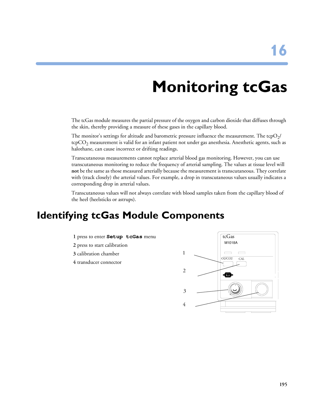 Philips MP40/50, MP60/70/80/90, MP20/30 manual Monitoring tcGas, Identifying tcGas Module Components 