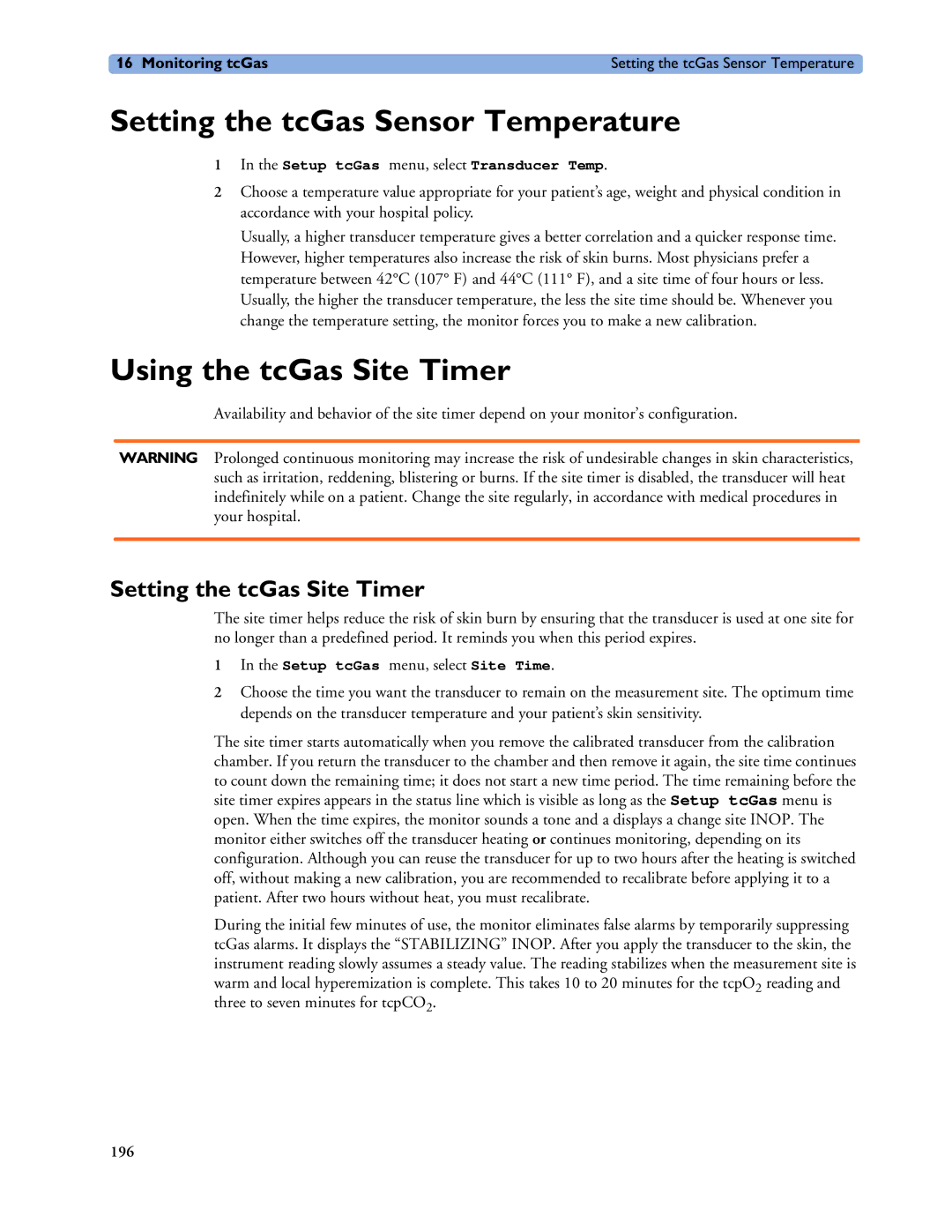 Philips MP60/70/80/90 manual Setting the tcGas Sensor Temperature, Using the tcGas Site Timer, Setting the tcGas Site Timer 