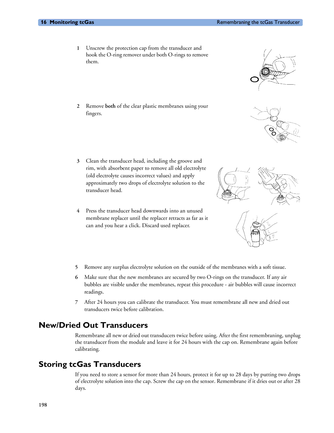 Philips MP40/50, MP60/70/80/90, MP20/30 manual New/Dried Out Transducers, Storing tcGas Transducers 