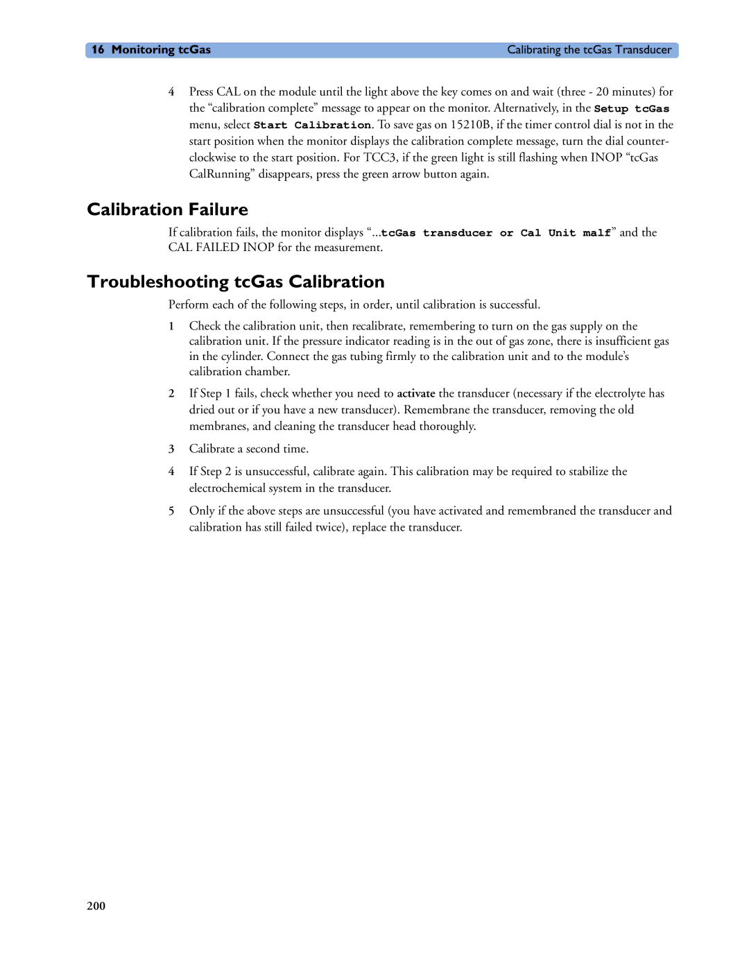 Philips MP20/30, MP60/70/80/90, MP40/50 manual Calibration Failure, Troubleshooting tcGas Calibration 