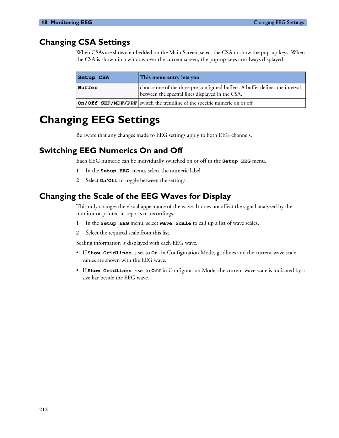 Philips MP20/30 Changing EEG Settings, Changing CSA Settings, Switching EEG Numerics On and Off, This menu entry lets you 