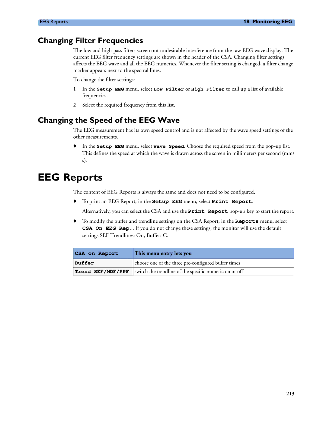 Philips MP40/50, MP60/70/80/90 EEG Reports, Changing Filter Frequencies, Changing the Speed of the EEG Wave, CSA on Report 