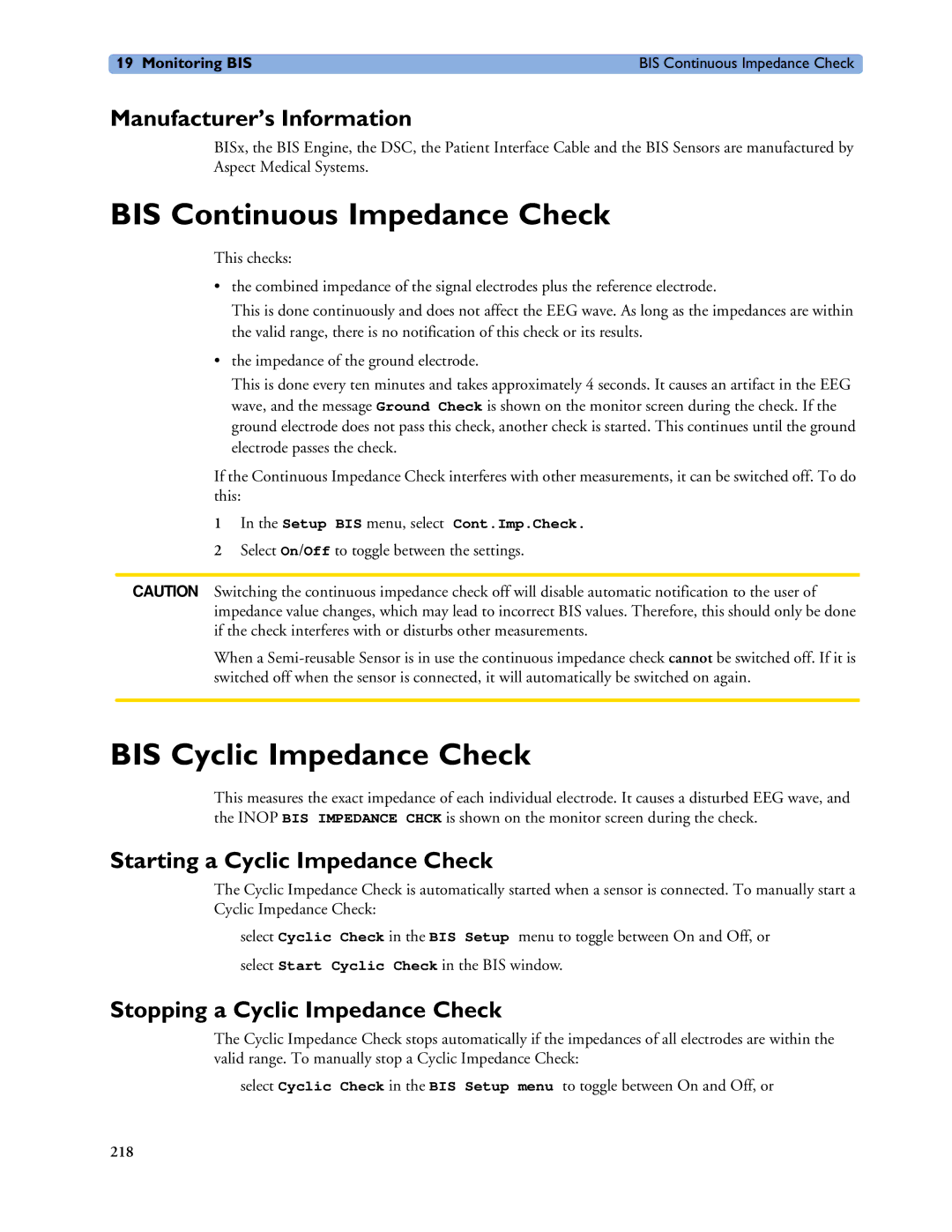 Philips MP20/30, MP60/70/80/90 manual BIS Continuous Impedance Check, BIS Cyclic Impedance Check, Manufacturer’s Information 