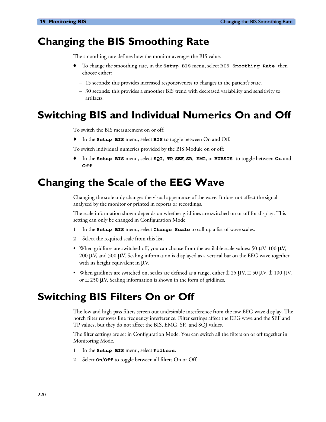 Philips MP60/70/80/90, MP20/30, MP40/50 Changing the BIS Smoothing Rate, Switching BIS and Individual Numerics On and Off 