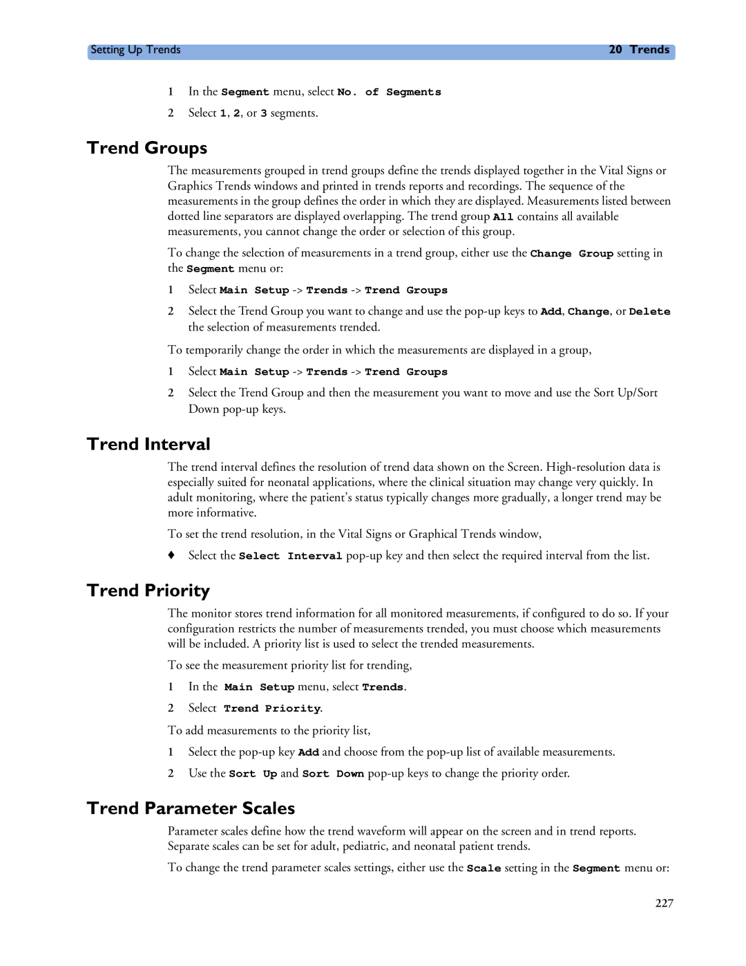 Philips MP20/30, MP60/70/80/90, MP40/50 manual Trend Groups, Trend Interval, Trend Priority, Trend Parameter Scales 