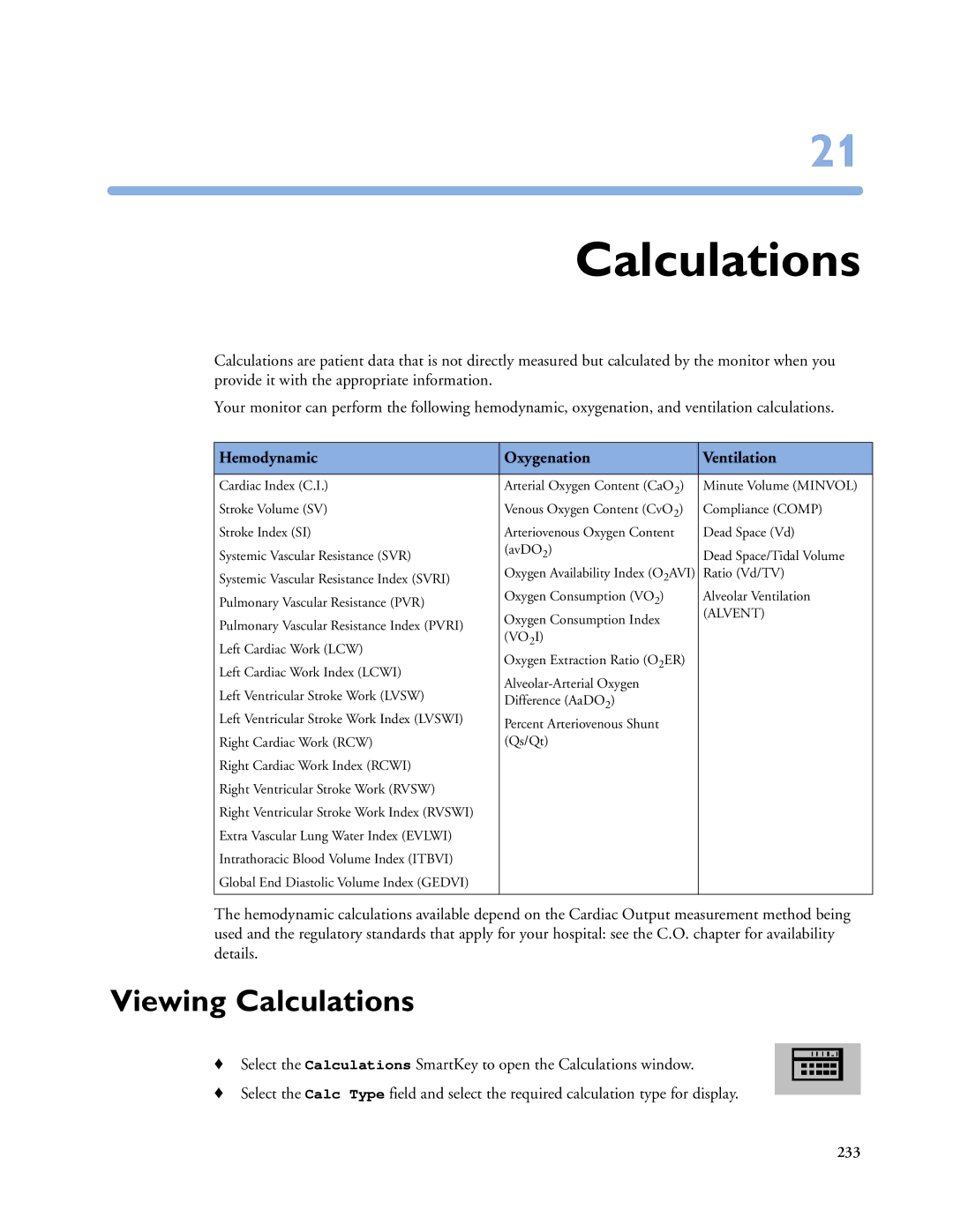 Philips MP20/30, MP60/70/80/90, MP40/50 manual Viewing Calculations, Hemodynamic Oxygenation Ventilation 