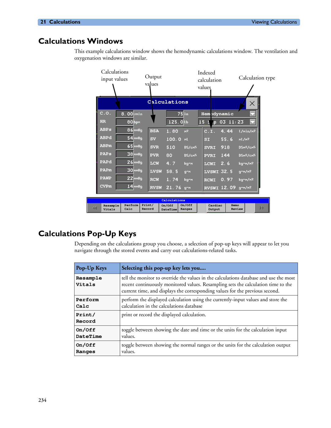 Philips MP40/50, MP60/70/80/90, MP20/30 manual Calculations Windows, Calculations Pop-Up Keys 