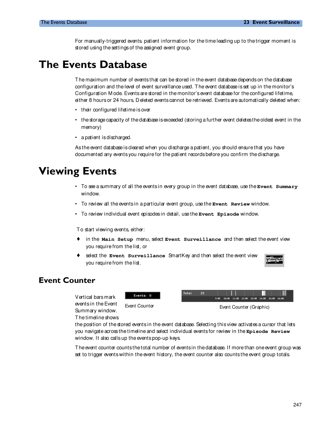 Philips MP60/70/80/90, MP20/30, MP40/50 manual Events Database, Viewing Events, Event Counter 