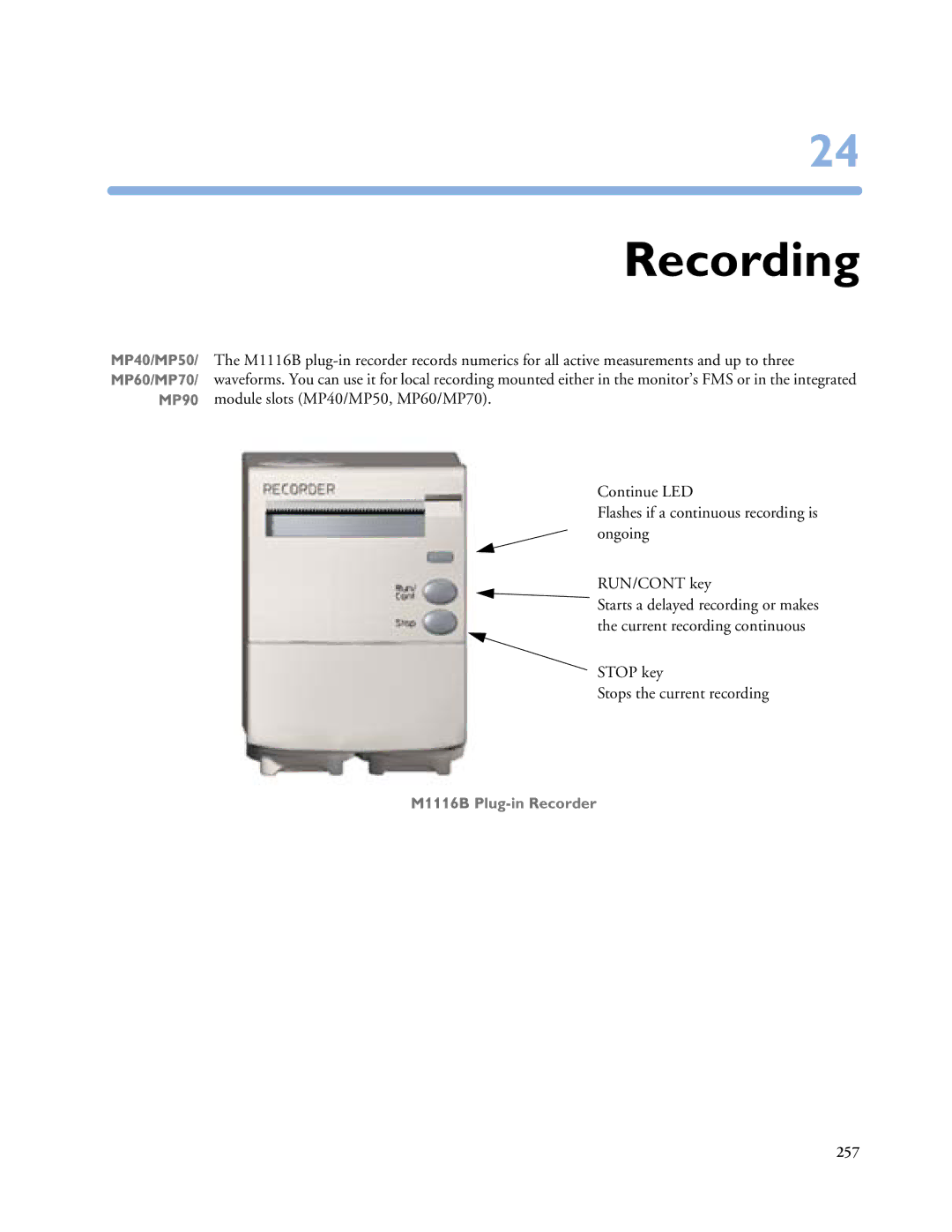 Philips MP20/30, MP60/70/80/90, MP40/50 manual Recording, Stop key Stops the current recording 