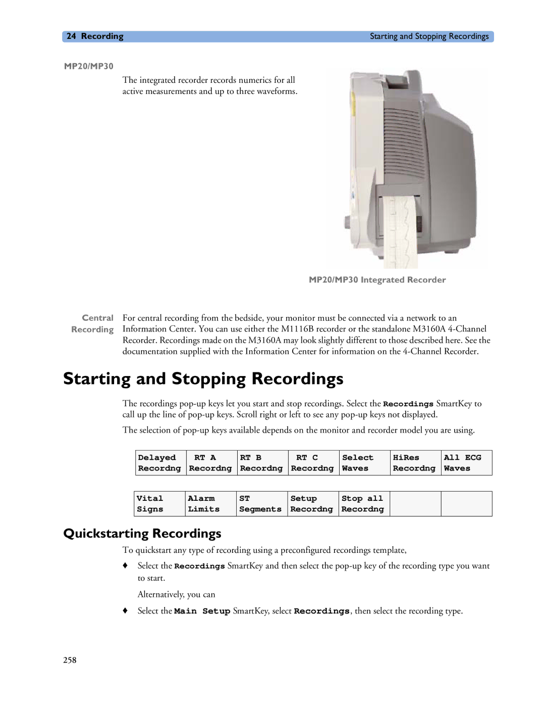 Philips MP40/50, MP60/70/80/90, MP20/30 manual Starting and Stopping Recordings, Quickstarting Recordings 