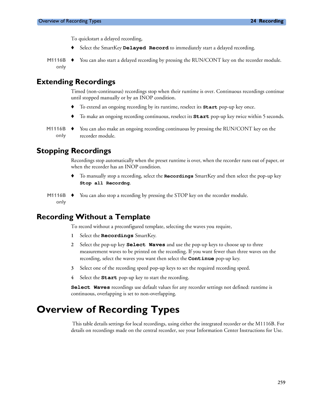 Philips MP60/70/80/90 Overview of Recording Types, Extending Recordings, Stopping Recordings, Recording Without a Template 