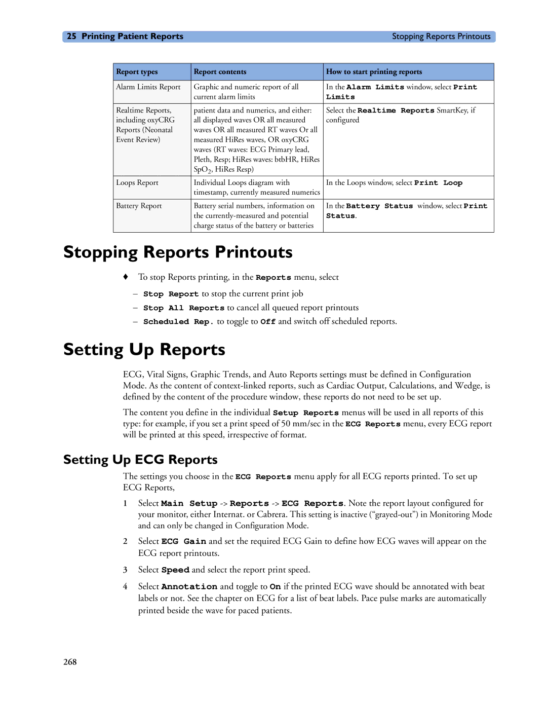 Philips MP60/70/80/90, MP20/30 manual Stopping Reports Printouts, Setting Up Reports, Setting Up ECG Reports, Limits, Status 