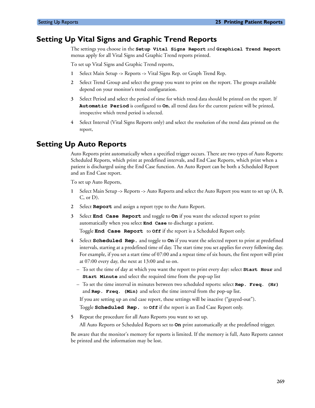 Philips MP20/30, MP60/70/80/90, MP40/50 manual Setting Up Vital Signs and Graphic Trend Reports, Setting Up Auto Reports 