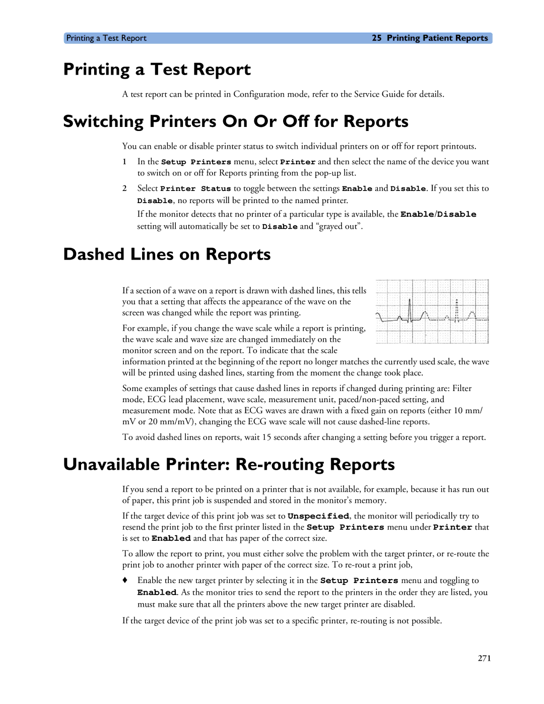 Philips MP60/70/80/90, MP20/30, MP40/50 manual Dashed Lines on Reports, Unavailable Printer Re-routing Reports 