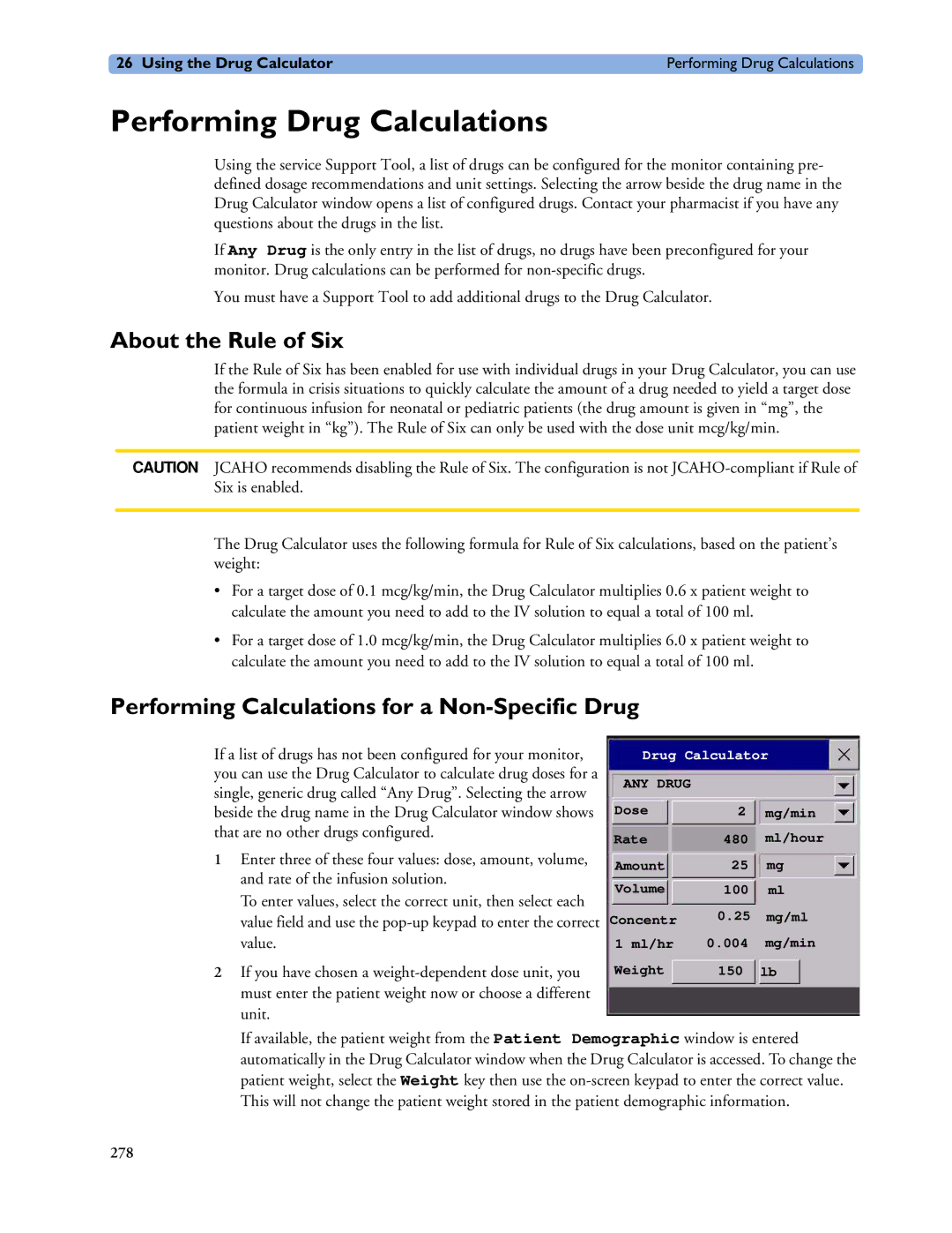 Philips MP20/30 manual Performing Drug Calculations, About the Rule of Six, Performing Calculations for a Non-Specific Drug 