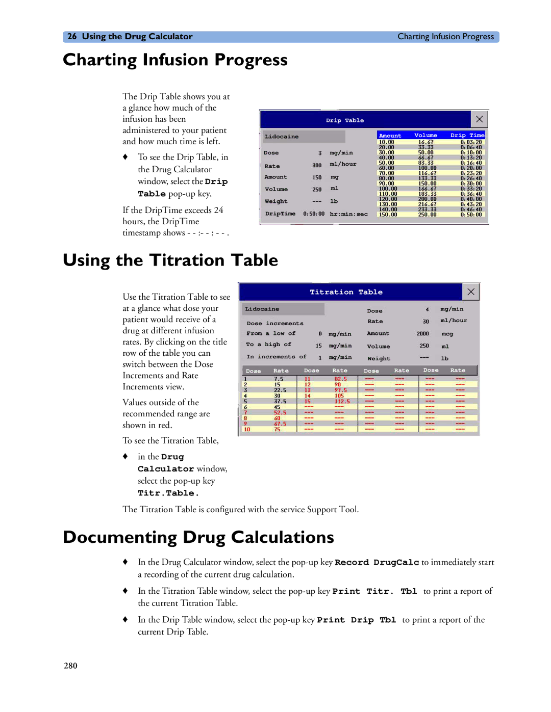 Philips MP60/70/80/90 Charting Infusion Progress, Using the Titration Table, Documenting Drug Calculations, Titr.Table 