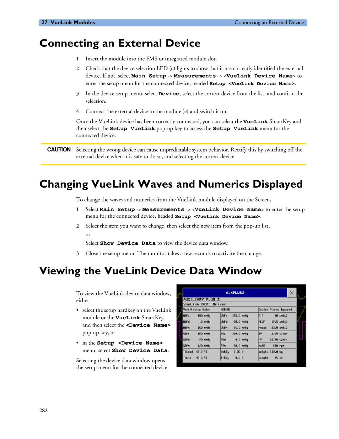 Philips MP40/50, MP60/70/80/90, MP20/30 manual Connecting an External Device, Changing VueLink Waves and Numerics Displayed 