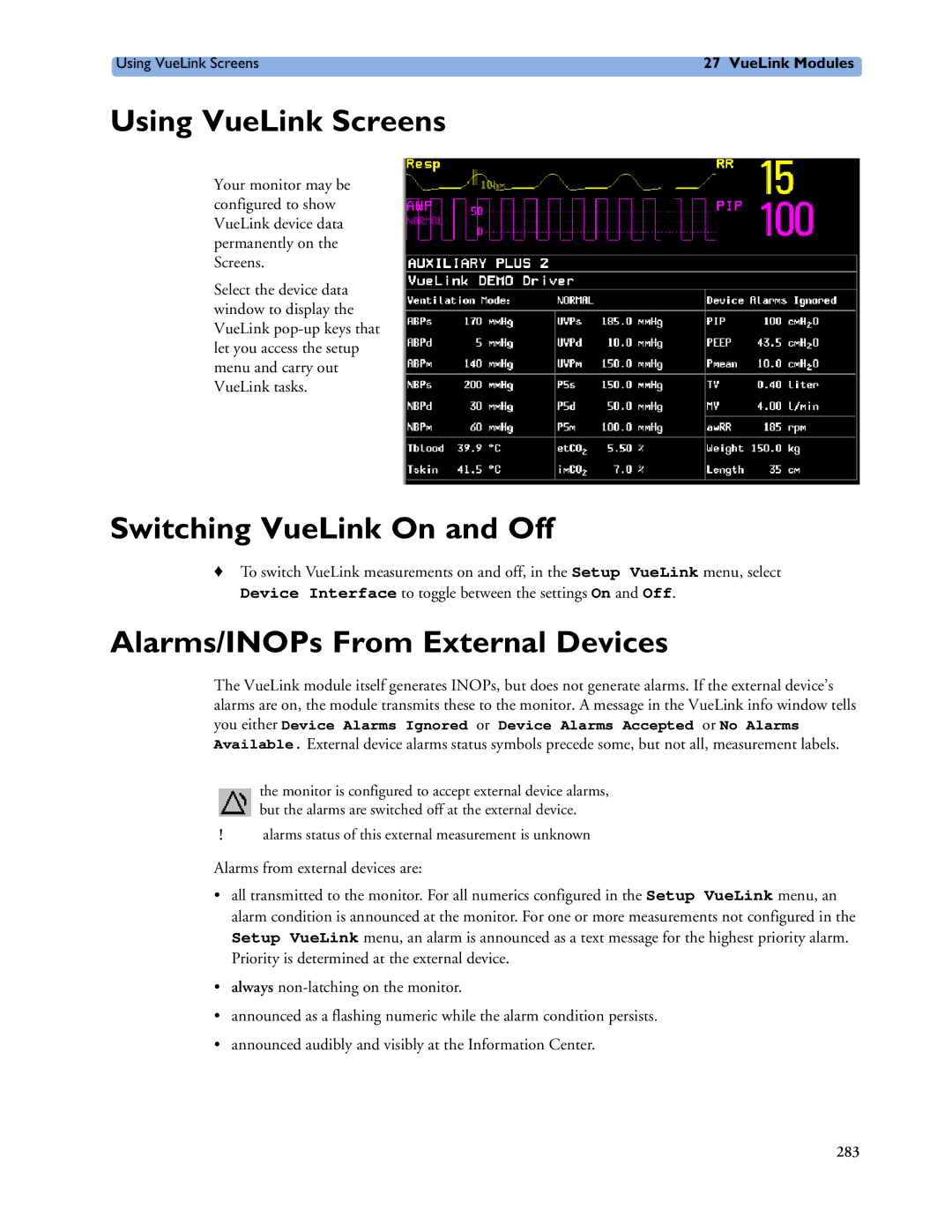 Philips MP60/70/80/90, MP20/30 Using VueLink Screens, Switching VueLink On and Off, Alarms/INOPs From External Devices 