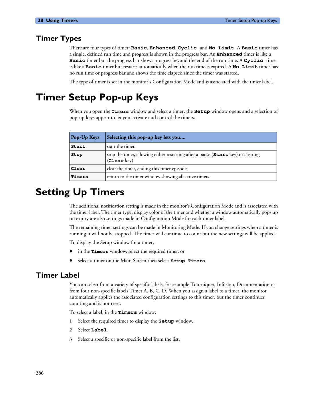 Philips MP60/70/80/90, MP20/30, MP40/50 manual Timer Setup Pop-up Keys, Setting Up Timers, Timer Types, Timer Label 