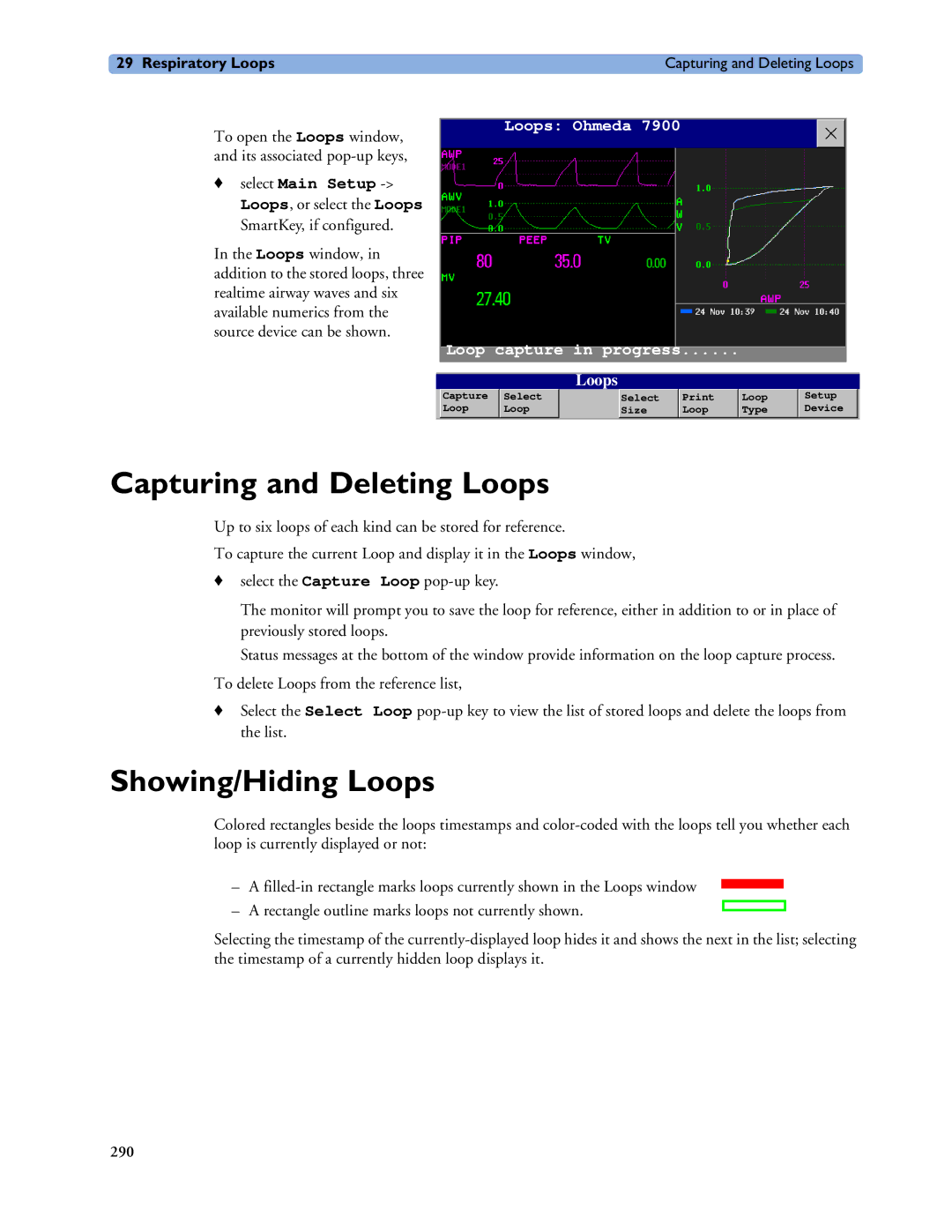 Philips MP20/30, MP60/70/80/90, MP40/50 manual Capturing and Deleting Loops, Showing/Hiding Loops, Select Main Setup 