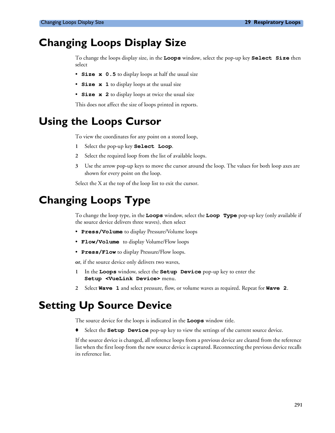 Philips MP40/50 manual Changing Loops Display Size, Using the Loops Cursor, Changing Loops Type, Setting Up Source Device 