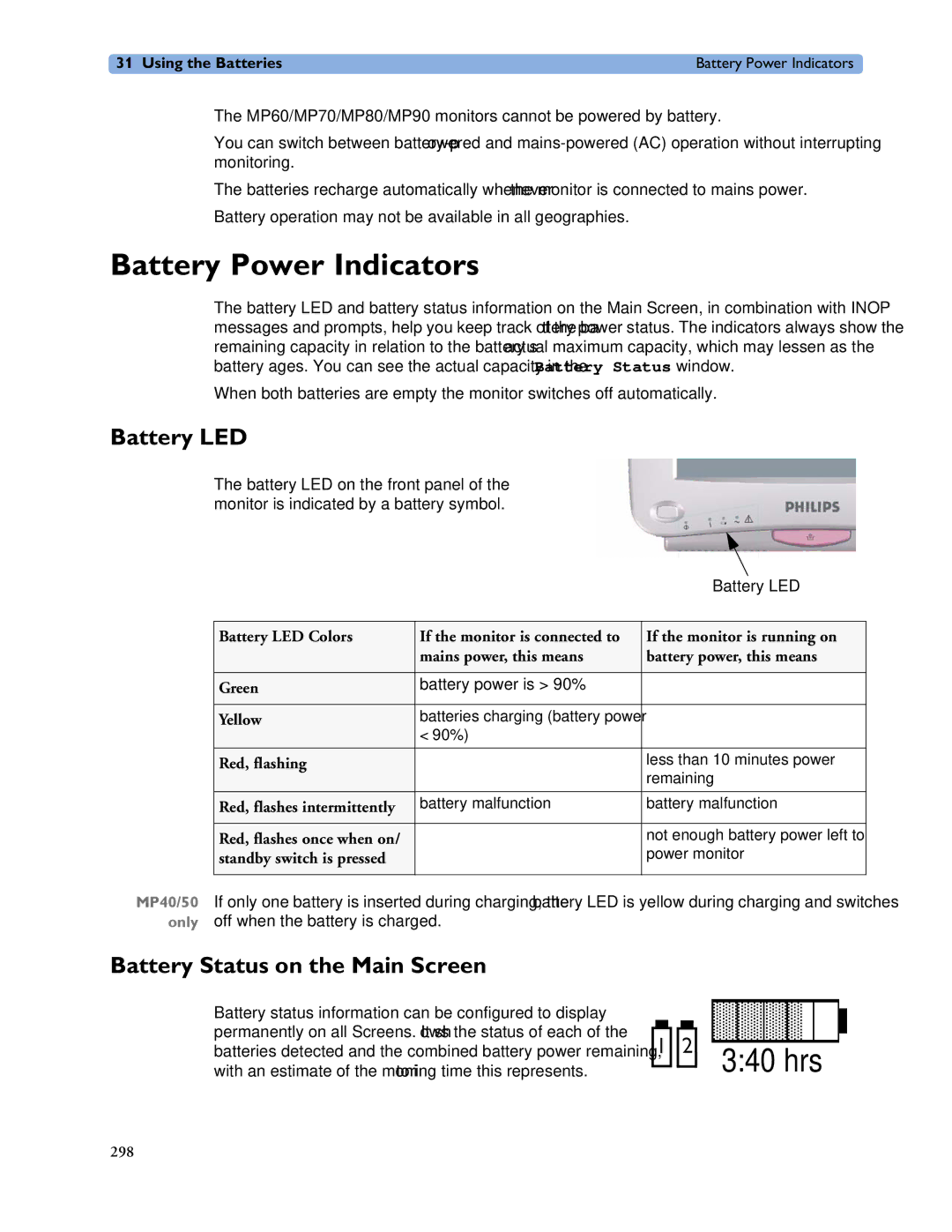 Philips MP60/70/80/90, MP20/30, MP40/50 manual Battery Power Indicators, Battery LED, Battery Status on the Main Screen 