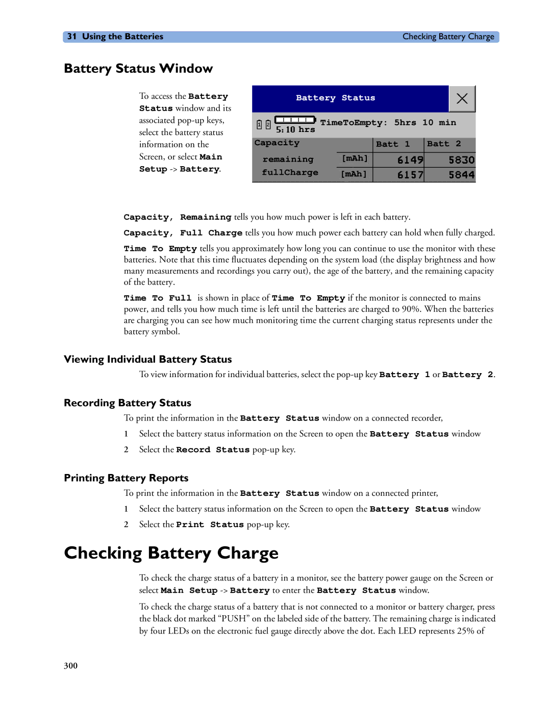 Philips MP40/50, MP60/70/80/90, MP20/30 Checking Battery Charge, Battery Status Window, Viewing Individual Battery Status 