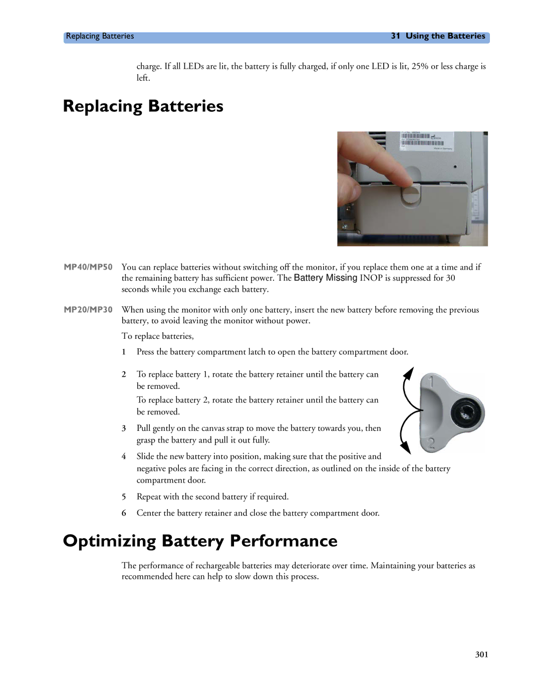 Philips MP60/70/80/90, MP20/30, MP40/50 manual Replacing Batteries, Optimizing Battery Performance 