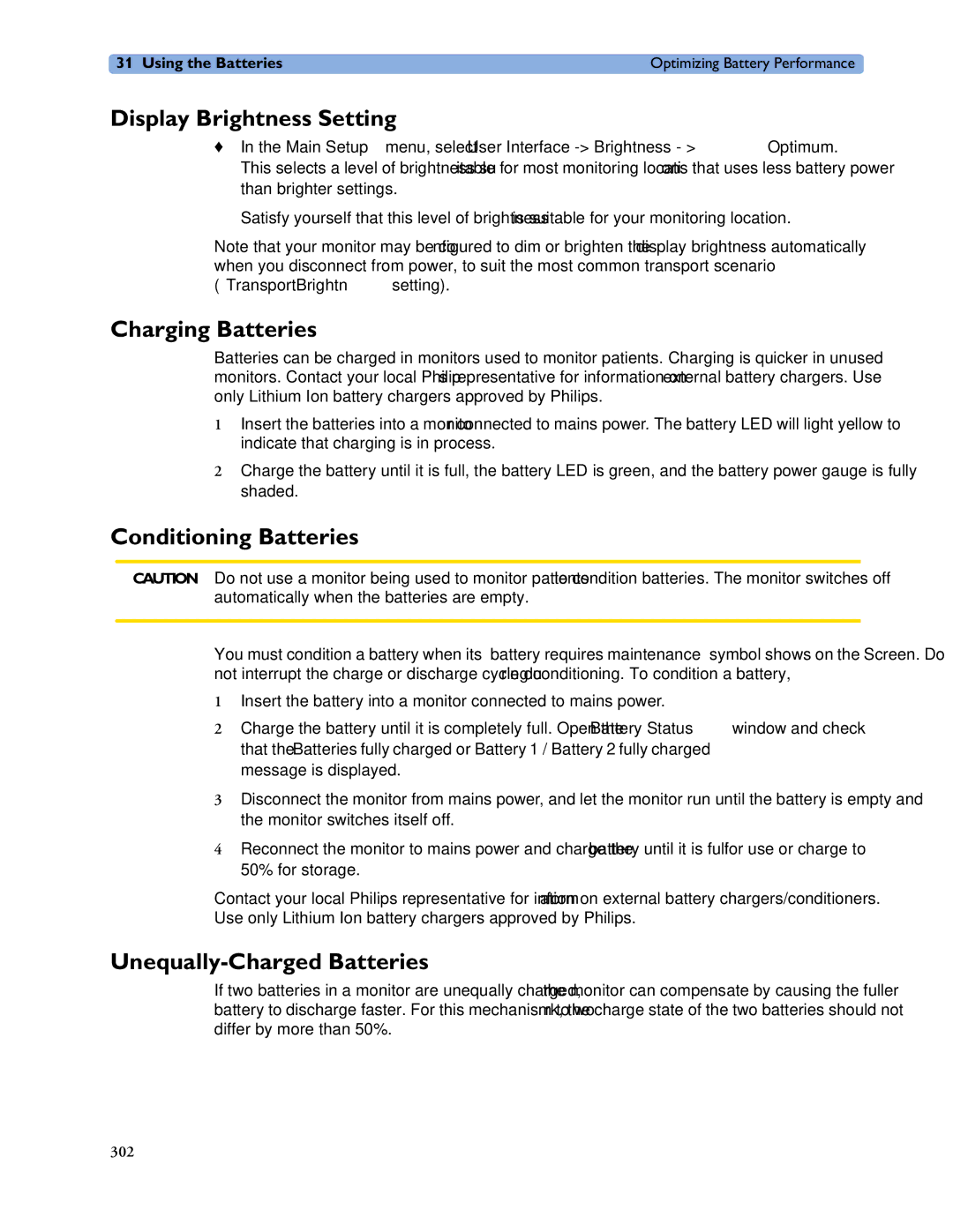 Philips MP20/30 manual Display Brightness Setting, Charging Batteries, Conditioning Batteries, Unequally-Charged Batteries 