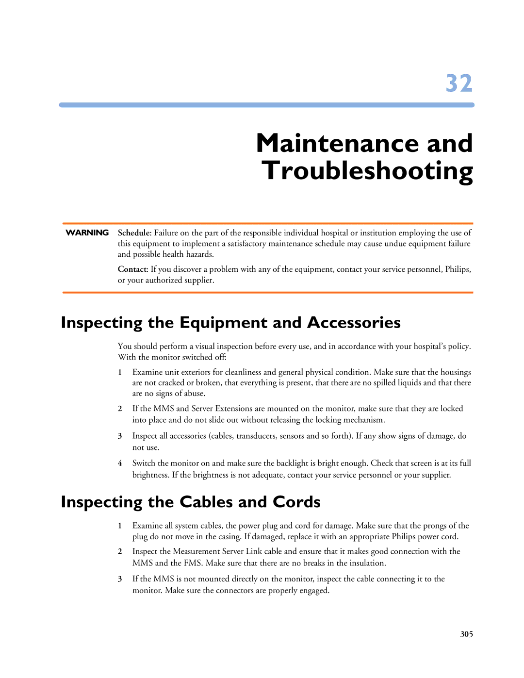 Philips MP20/30 Maintenance Troubleshooting, Inspecting the Equipment and Accessories, Inspecting the Cables and Cords 