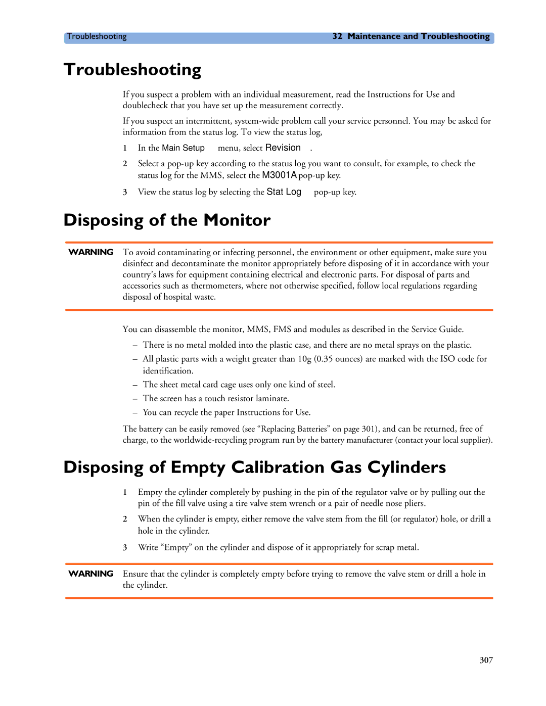 Philips MP60/70/80/90, MP20/30 Troubleshooting, Disposing of the Monitor, Disposing of Empty Calibration Gas Cylinders 