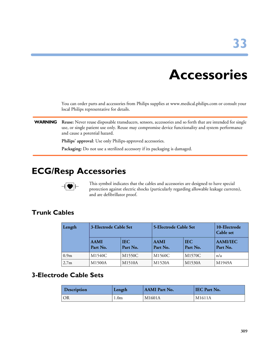 Philips MP40/50, MP60/70/80/90, MP20/30 manual ECG/Resp Accessories, Trunk Cables, Electrode Cable Sets 