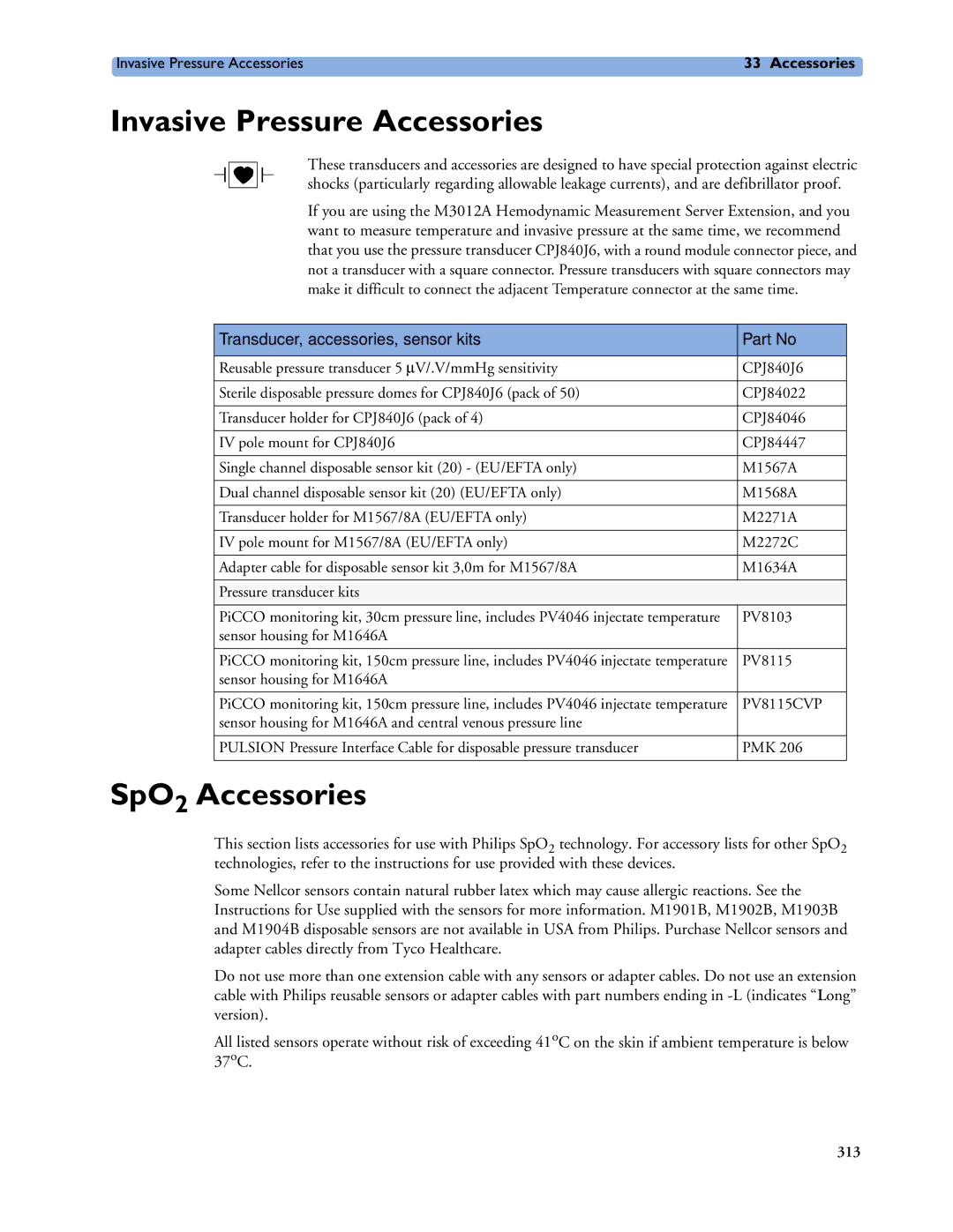 Philips MP60/70/80/90, MP20/30 manual Invasive Pressure Accessories, SpO2 Accessories, Transducer, accessories, sensor kits 