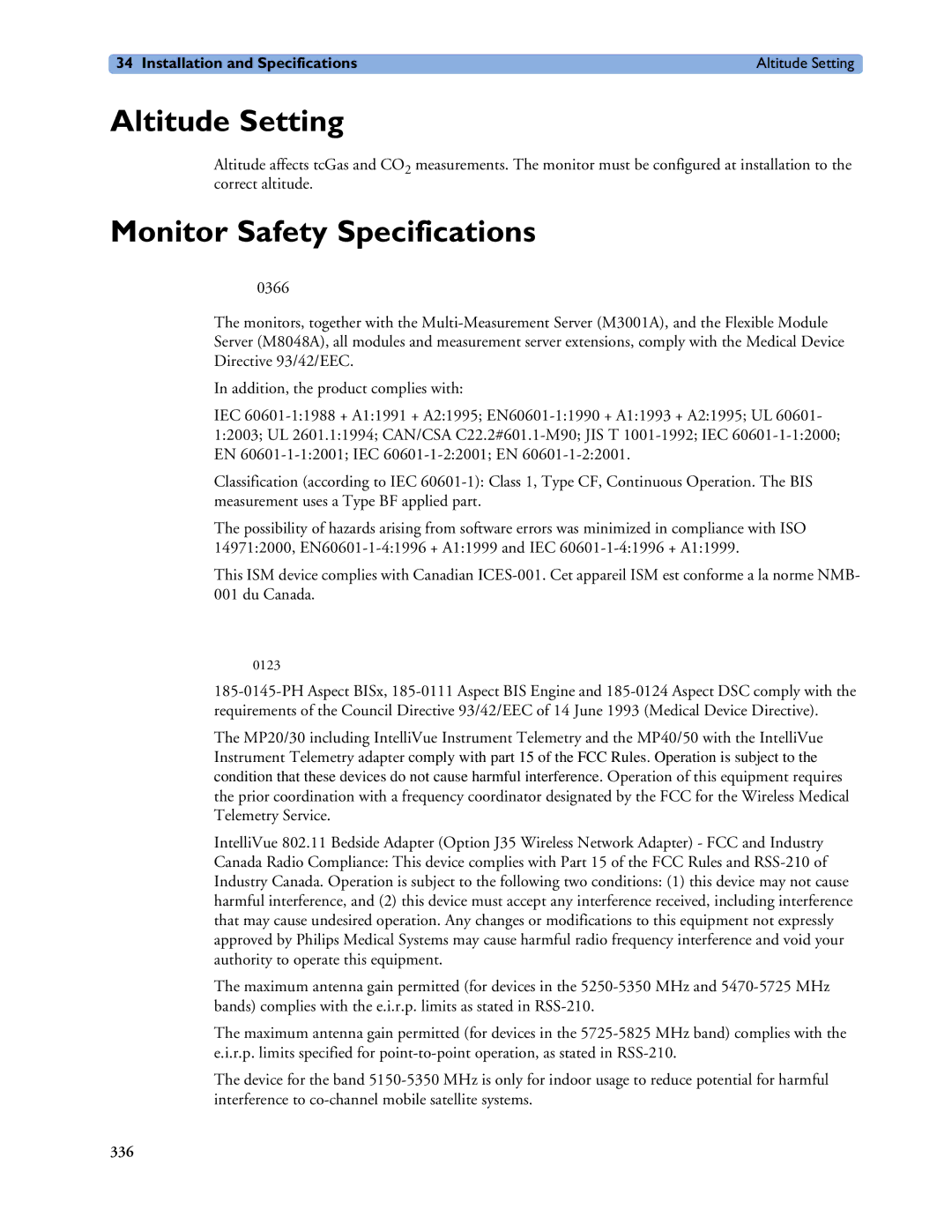 Philips MP40/50, MP60/70/80/90, MP20/30 manual Altitude Setting, Monitor Safety Specifications 