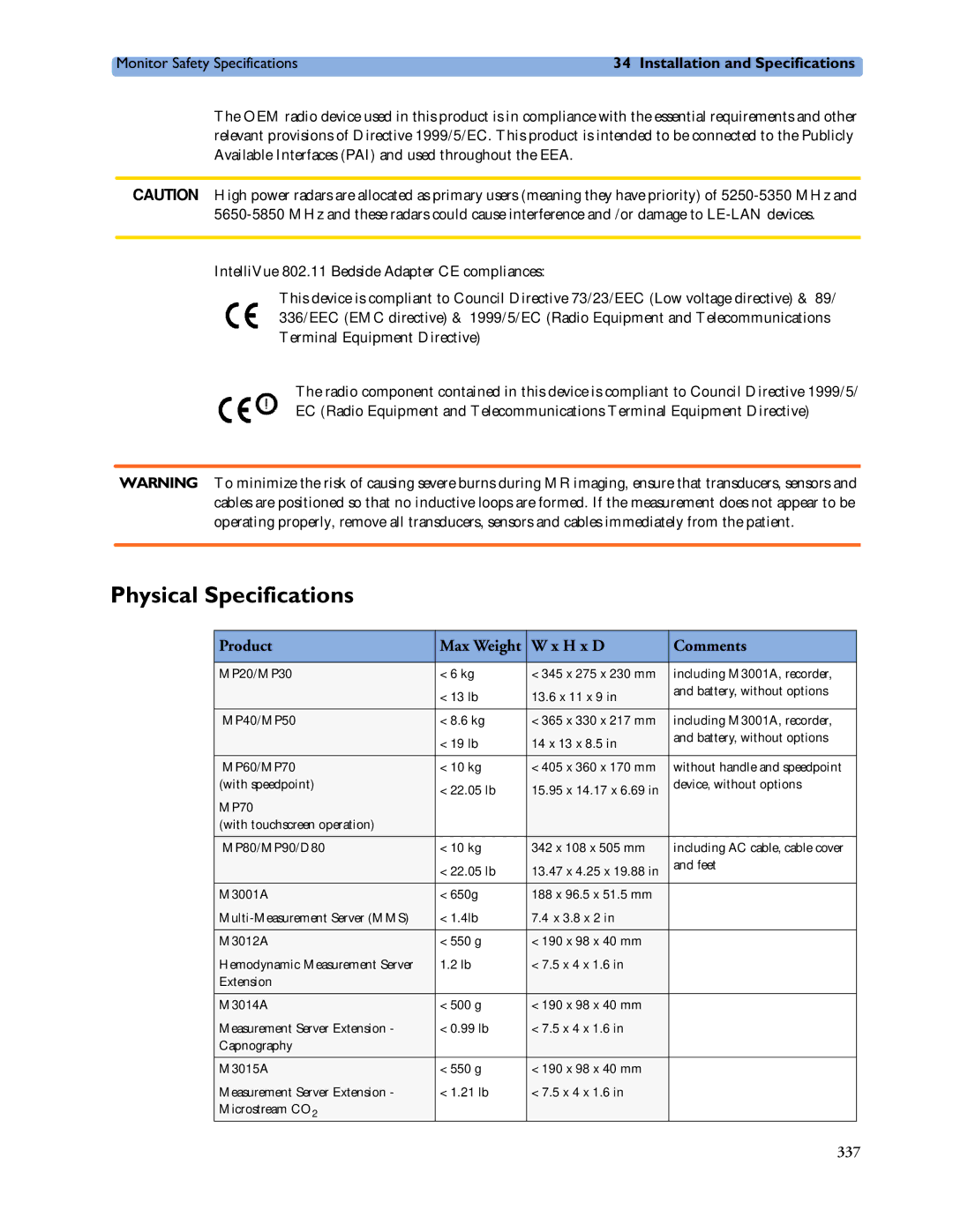 Philips MP60/70/80/90, MP20/30, MP40/50 manual Physical Specifications, Product, H x D Comments 