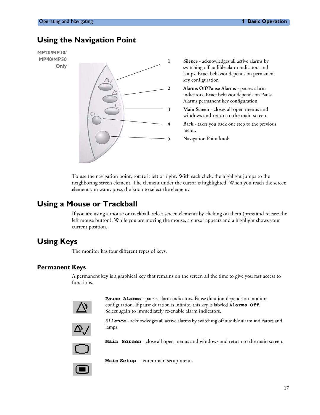 Philips MP20/30, MP60/70/80/90, MP40/50 Using the Navigation Point, Using a Mouse or Trackball, Using Keys, Permanent Keys 