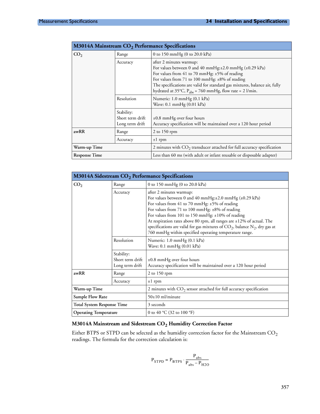 Philips MP40/50 manual M3014A Mainstream CO2 Performance Specifications, M3014A Sidestream CO2 Performance Specifications 