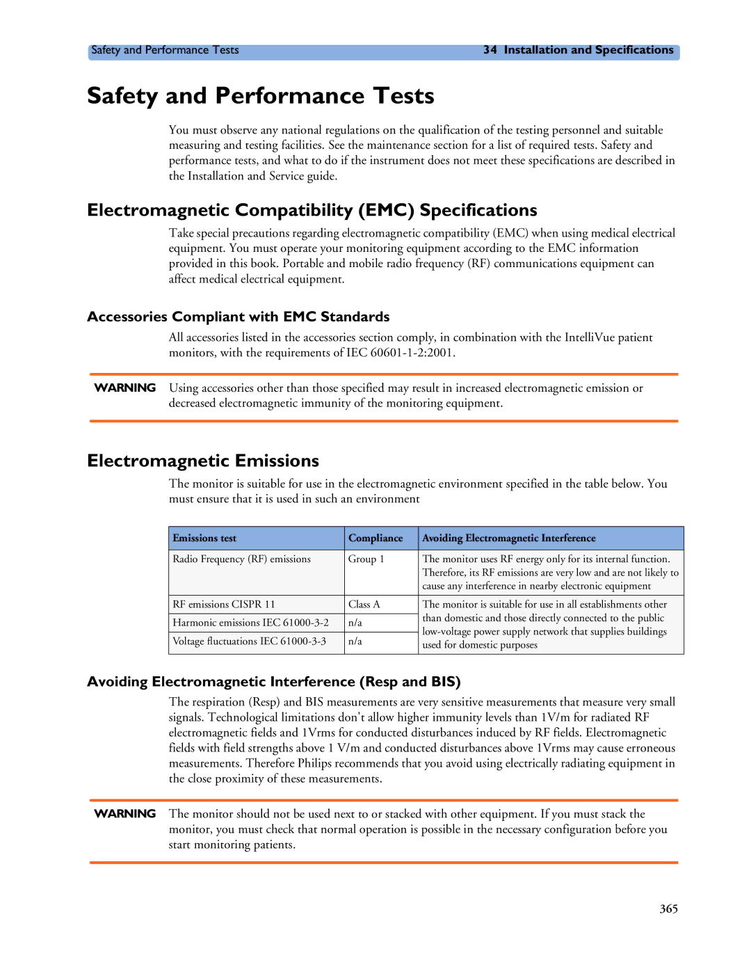 Philips MP20/30 Safety and Performance Tests, Electromagnetic Compatibility EMC Specifications, Electromagnetic Emissions 