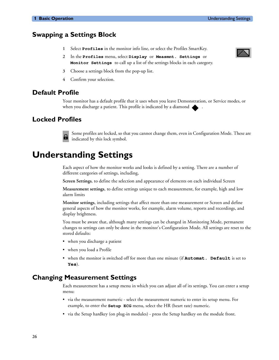 Philips MP20/30, MP60/70/80/90, MP40/50 Understanding Settings, Swapping a Settings Block, Default Profile, Locked Profiles 