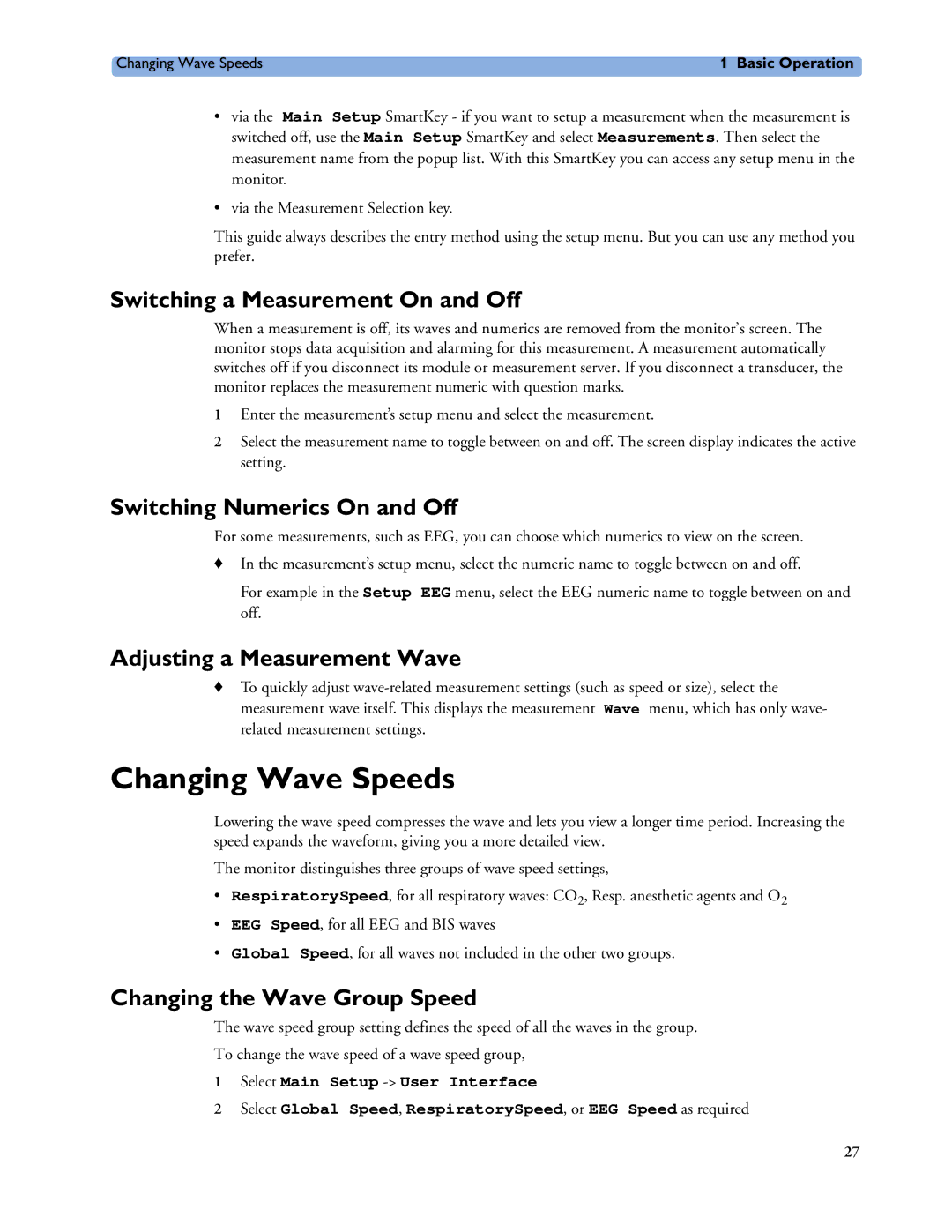 Philips MP40/50, MP60/70/80/90 Changing Wave Speeds, Switching a Measurement On and Off, Switching Numerics On and Off 