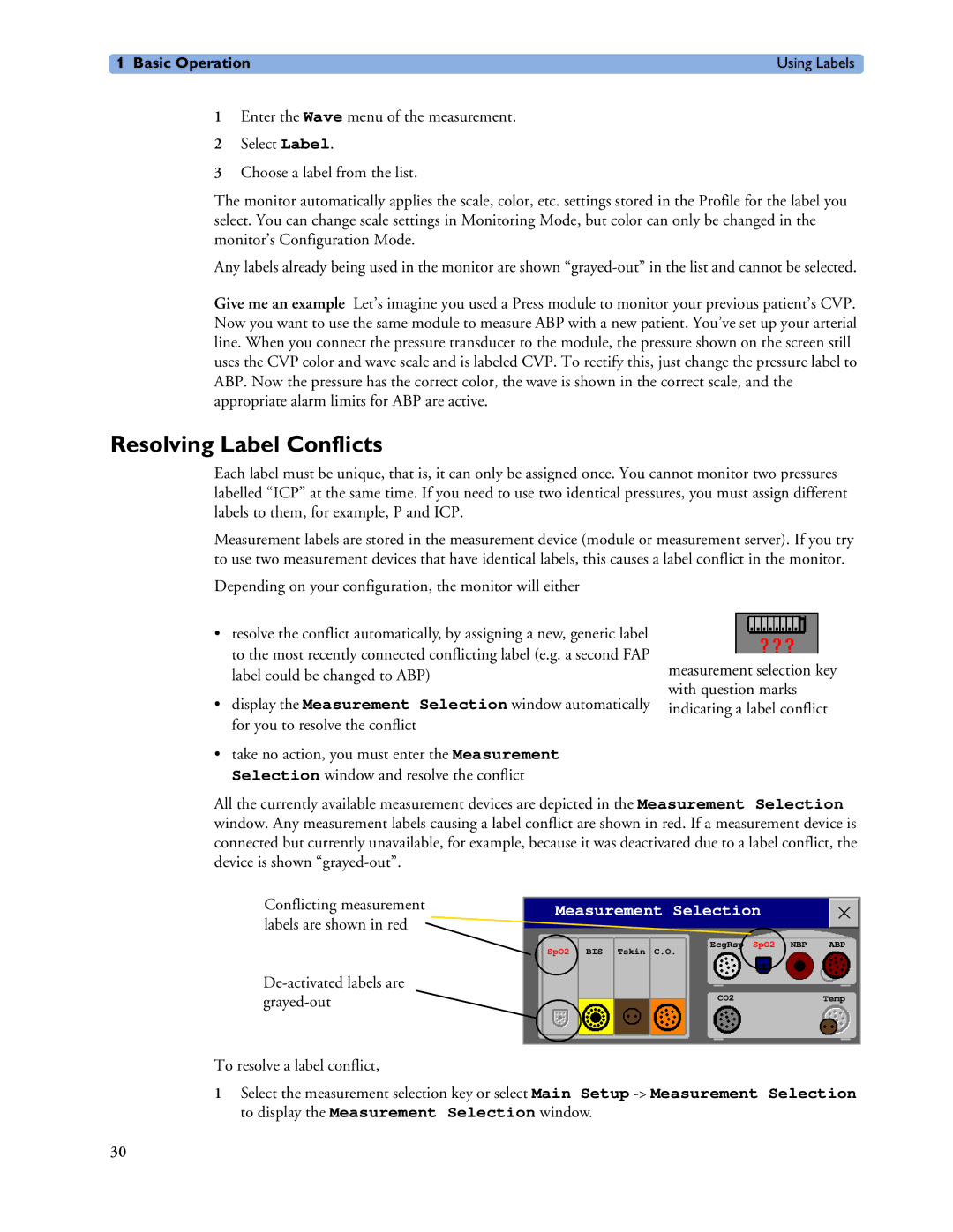 Philips MP40/50, MP60/70/80/90, MP20/30 manual Resolving Label Conflicts, Conflicting measurement, Labels are shown in red 