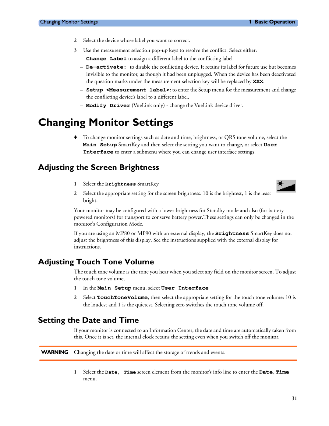 Philips MP60/70/80/90, MP20/30 Changing Monitor Settings, Adjusting the Screen Brightness, Adjusting Touch Tone Volume 