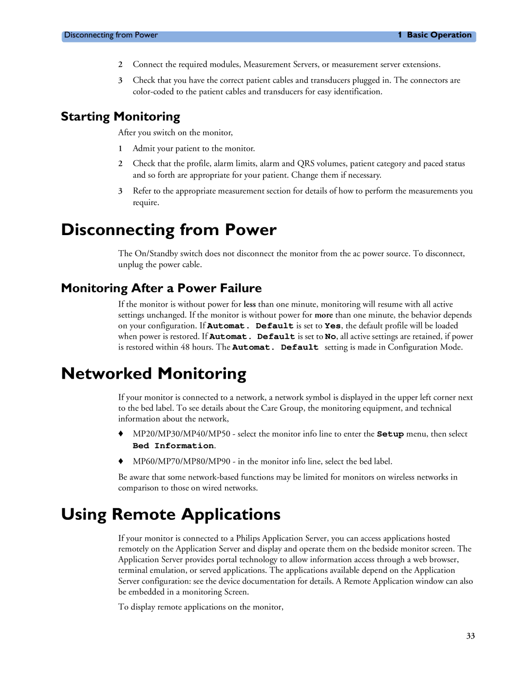 Philips MP40/50, MP20/30 Disconnecting from Power, Networked Monitoring, Using Remote Applications, Starting Monitoring 