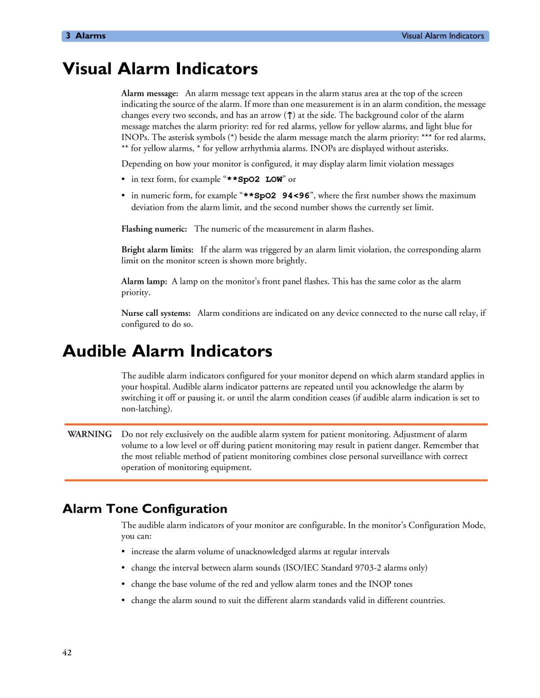 Philips MP40/50, MP60/70/80/90, MP20/30 manual Visual Alarm Indicators, Audible Alarm Indicators, Alarm Tone Configuration 