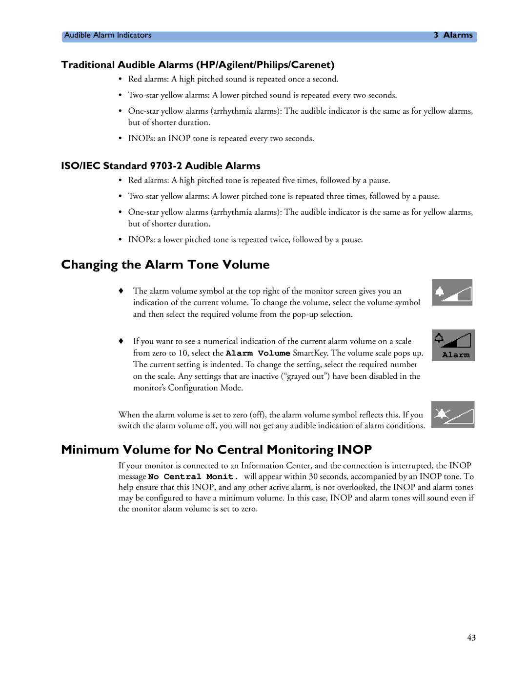 Philips MP60/70/80/90, MP20/30, MP40/50 manual Changing the Alarm Tone Volume, Minimum Volume for No Central Monitoring Inop 