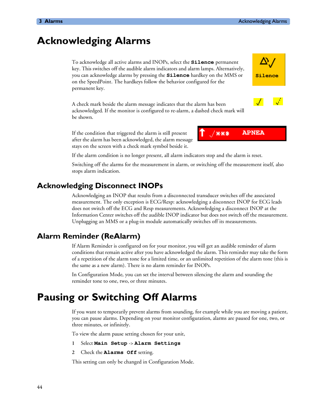 Philips MP20/30, MP60/70/80/90 manual Acknowledging Alarms, Pausing or Switching Off Alarms, Acknowledging Disconnect INOPs 