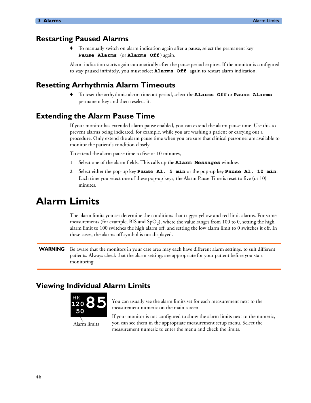 Philips MP60/70/80/90, MP20/30, MP40/50 manual Alarm Limits, Restarting Paused Alarms, Resetting Arrhythmia Alarm Timeouts 