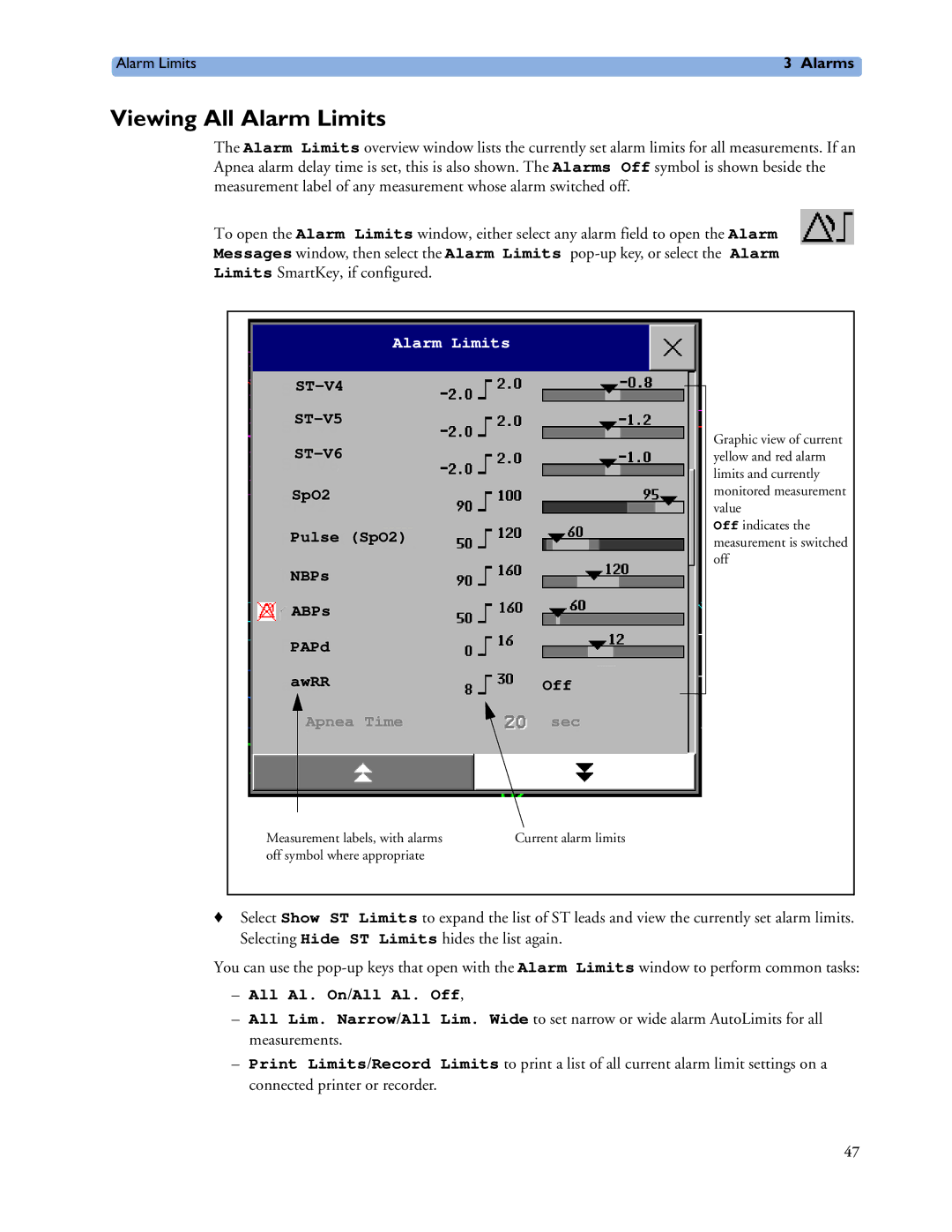 Philips MP20/30, MP60/70/80/90, MP40/50 manual Viewing All Alarm Limits 